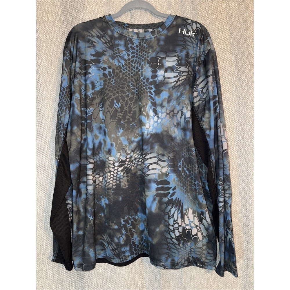 Huk Performance Fishing Shirt Men's Sz Large Blue Black Kryptek Neptune Camo LS